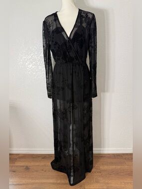 LUSH Black Floral Sheer  Wrap jumpsuit Long sleeve straight Leg surplice M